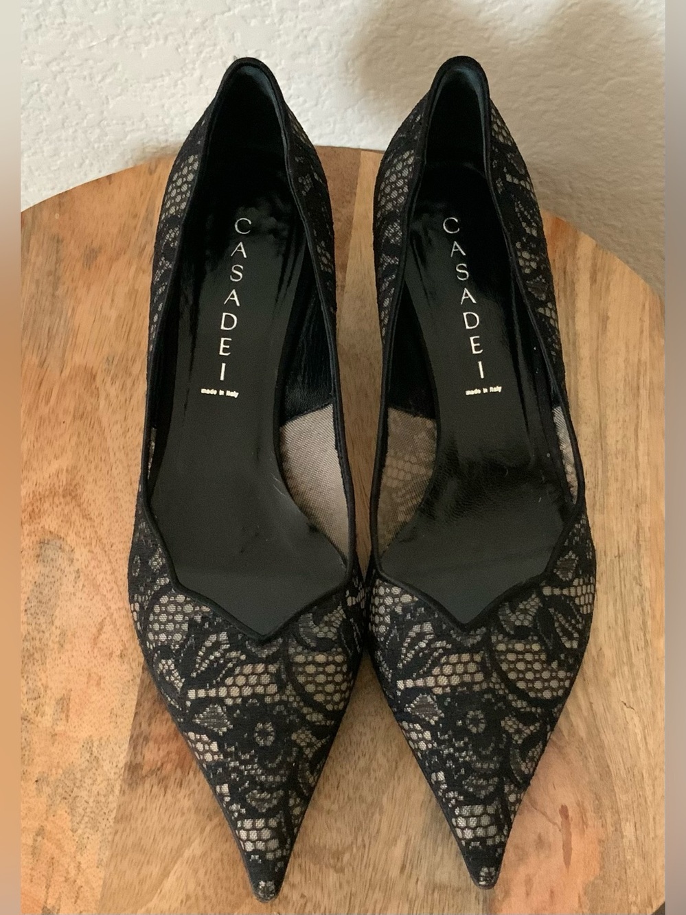 Casadei Black Floral  Lace Mesh Pointed Toe Kitten Heel